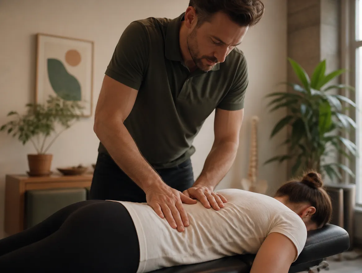 Chiropractor performing a gentle adjustment on a patient lying on a treatment table