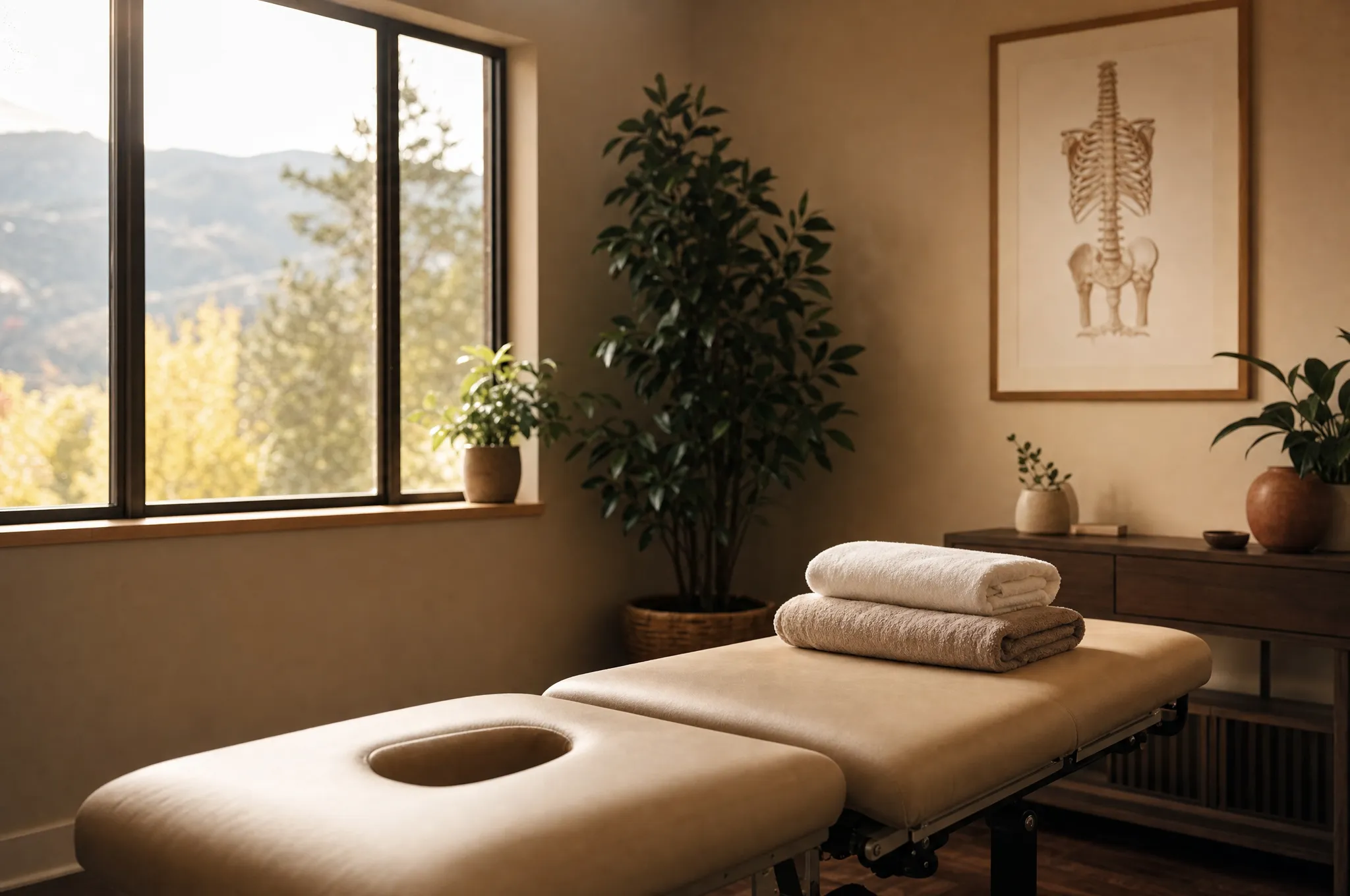 Calm, sunlit chiropractic treatment room with a view of the North Okanagan hills