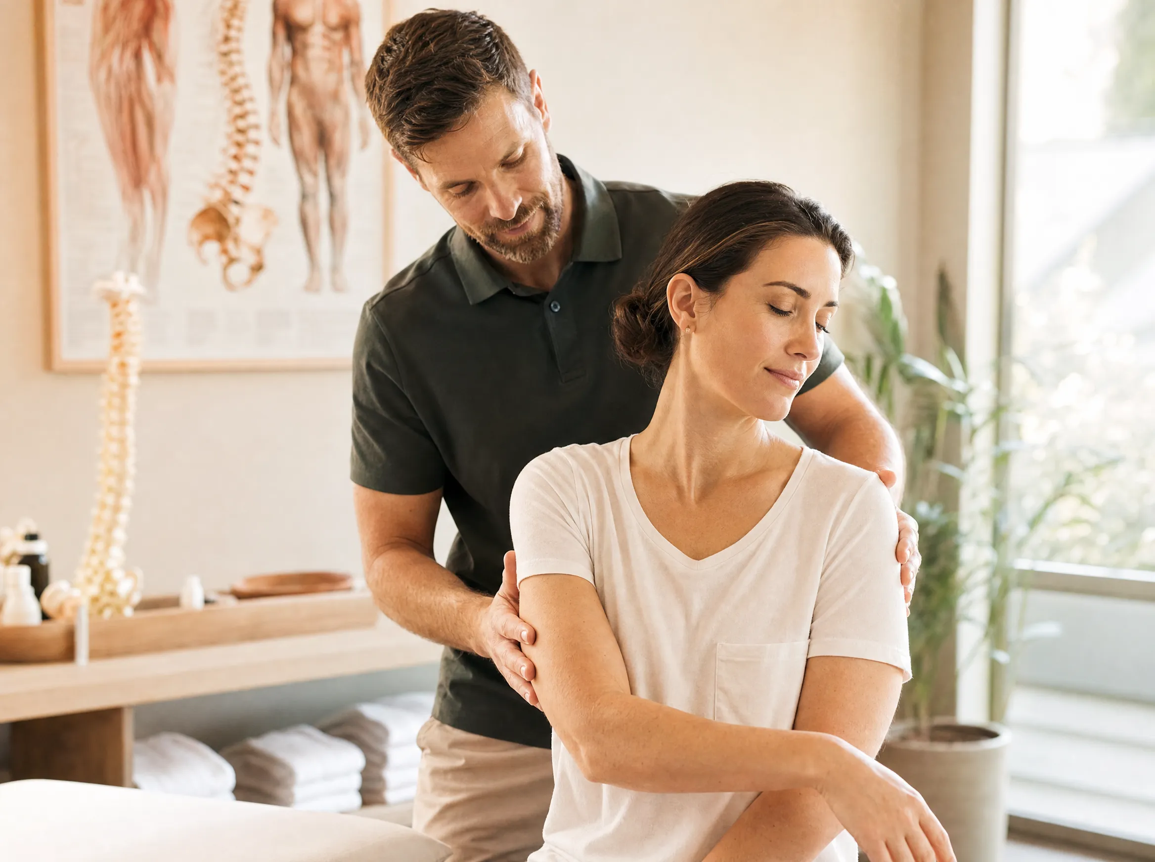 Chiropractor guiding a patient through a gentle mobility exercise