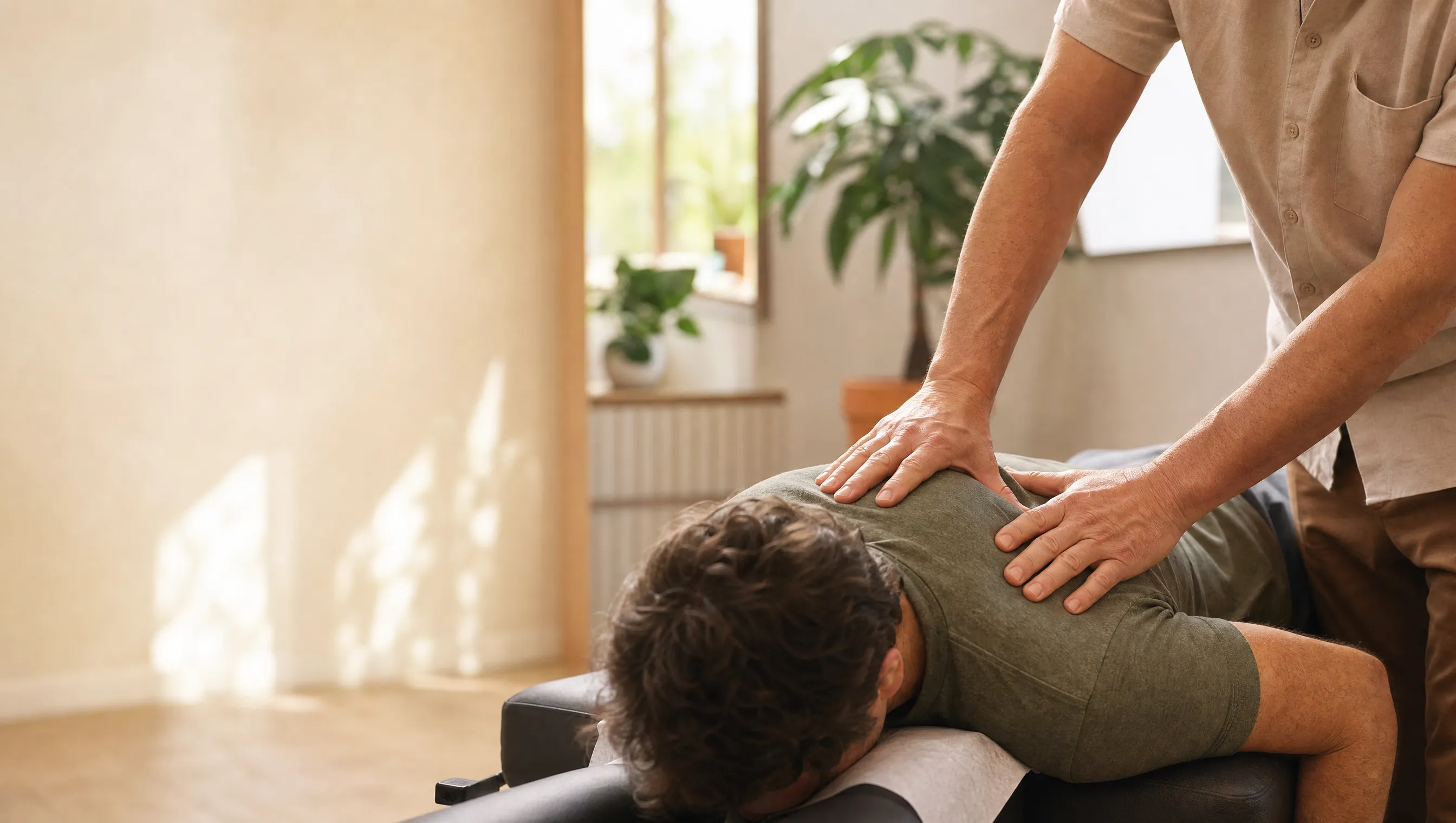 Dr. Shore providing hands-on chiropractic treatment in a sunlit clinic room